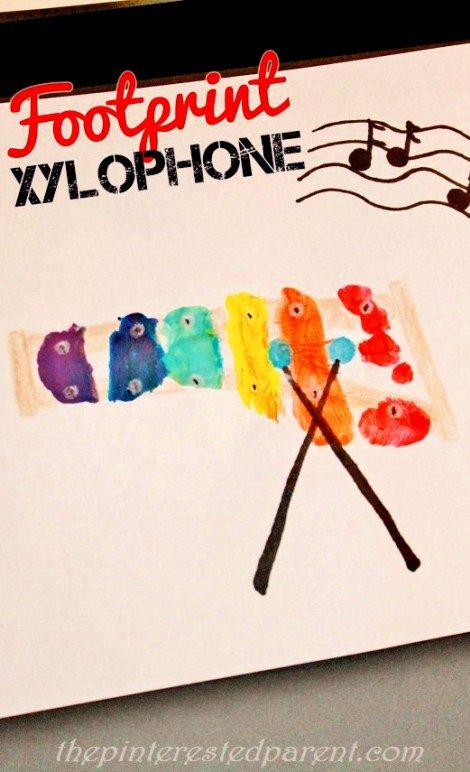 kids footprint ideas:  Footprint Xylophone.  Hold your child’s foot vertically & paint the colors of the rainbow horizontally across the foot leaving a small space in between colors. Xylophone Craft, Instrument Craft, Abc Crafts, Footprint Craft, Baby Art Projects, Love Of Music, Footprint Crafts, Music Crafts, Alphabet Crafts