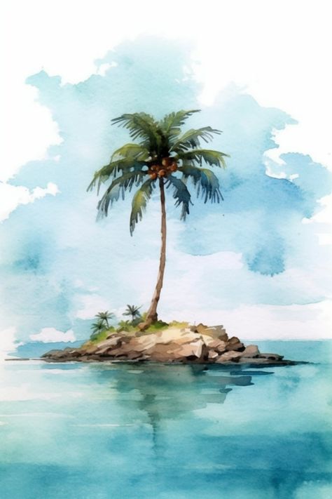 Island Drawing Aesthetic, Watercolor Island Paintings, Watercolor Painting For Boyfriend, Watercolor Summer Art, Tropical Watercolor Paintings, Watercolor Art Beach, Watercolor Island, Watercolor Beach Painting, Island Drawing