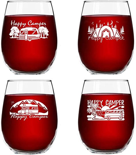 Amazon.com | Set of 4 Happy Camper Wine Glasses (15 oz) | Cute Birthday Present for Camping Lovers who Travel | Funny & Humorous RV Camp Gifts for Women | Glamping Accessories | Stemless Wine Glasses Made in USA: Wine Glasses Glamping Accessories, Camp Gifts, Gifts For Thanksgiving, Travel Funny, Rv Traveling, Home Wet Bar, Best Red Wine, Camping Lovers, Wine Parties