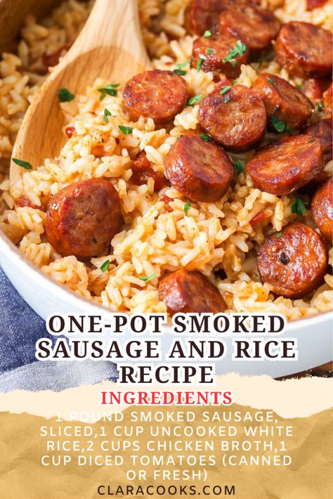 One-Pot Smoked Sausage and Rice Recipe Smoked Sausage And Cheesy Rice, Sausage And Rice Skillet Easy Dinners, One Pot Chicken Sausage And Rice, Crockpot Kielbasa And Rice, Smoked Sausage And White Rice Recipes, Sausage And Rice Casserole Easy, Smoked Sausage Recipes Easy Crock Pot, Dutch Oven Sausage Recipes, Smoked Sausage And Broccoli Recipes