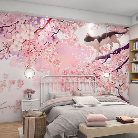 Japanese Themed Bedroom, Cherry Blossom Nursery, Anime Room Ideas, Cherry Blossom Bedroom, Anime Room Decor, Anime Cherry Blossom, Anime Bedroom Ideas, Cherry Blossom Decor, Cherry Blossom Theme