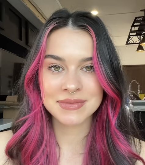 Front Piece And Underneath Hair Dye, Perk A Boo Pink Hair, Pink Hidden Highlights, Face Frame Purple Hair, Pink Front Highlights Brown Hair, Brown Hair With Pink Face Frame, Brunette Pink Peekaboo, Hair Dye Front Strands And Under, Pink Face Frame Highlights