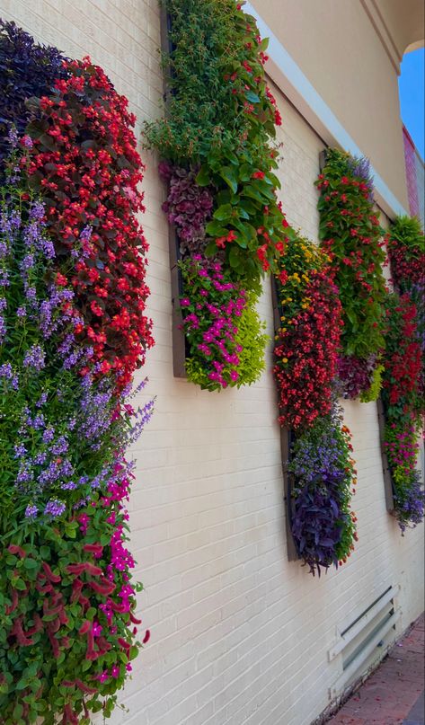 Wall Of Flowers Garden, Hanging Plants Backyard, Wall Hanging Plants Outdoor Garden Ideas, Living Wall Flowers, Living Wall Indoor Flowers, Vertical Garden Wall Outdoors, Artificial Flower Wall Garden, Garden Wall Decor Ideas, Flower Wall Outside Vertical Gardens