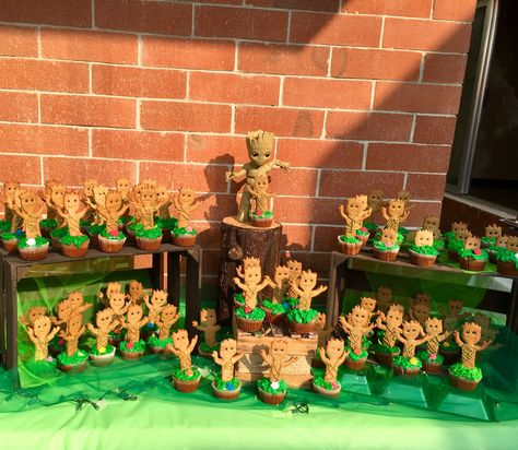 Baby Groot Birthday Party Cupcakes Groot Birthday Party Ideas, Groot Birthday Party, Groot Party, Groot Birthday, Birthday Party Cupcakes, Galaxy Party, Party Cupcakes, Art Birthday Party, Baby Groot