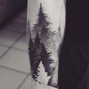 Tree Perspective Dr Tattoo, Scottish Tattoos, Tree Tattoo Men, Negative Space Tattoo, Pine Tree Tattoo, Forest Tattoos, Tree Tattoo Designs, Geniale Tattoos, Space Tattoo