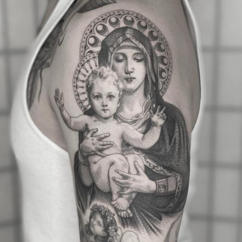 Mary and the baby Jesus for my homie @sherwin__k Done @hudsonvalleytattooco . Currently booking for Nov/Dec. Email me at hiten.damodar@gmail.com DM me or contact @hudsonvalleytattooco to book! . . . . . . . #tattoo #finelinetattoo #blackandgreytattoo #jesustattoo #marytattoo #blackclawneedle # Mary Tattoo, Black Claws, Jesus And Mary, Jesus Tattoo, Book Tattoo, Fine Line Tattoos, Baby Jesus, Black And Grey Tattoos, Artist Studio