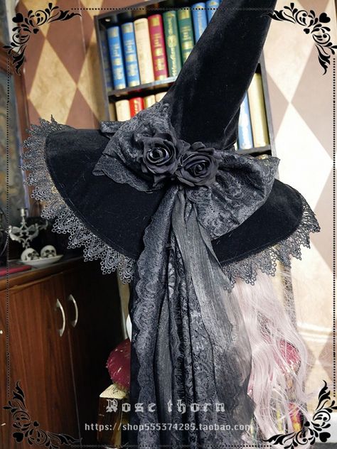 Dark Night Rose Halloween Witch Hat by Rose Thorn Witch Costume No Hat, Witch Hat With Veil, Decorate Witch Hat Diy, Vintage Witch Hat, Witch Hat Decorating Ideas, Diy Witch Hat To Wear, Witch Hat Ideas, Pretty Witch Costume, Make Witch Hat