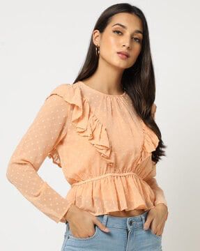 Check out Crew-Neck Peplum Top on AJIO's Big Bold Sale! Twofer Top, Peach Top, Beautiful Casual Dresses, Peplum Tops, Warm Dresses, Plaid Dress Shirt, Fit N Flare Dress, Embroidered Top, Tops For Women