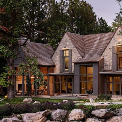 2 Story European House Exterior, European Home Exterior, European Exterior, Wyoming House, Colorado House, Cedar Roof, Lots Of Windows, Roof Lines, Modern Cottage