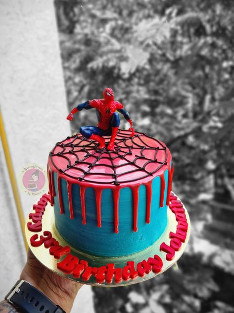 Cake Designs Birthday Spiderman, Spiderman Cake Decorations, Simple Spiderman Birthday Decorations, Spider Man Drip Cake, Spiderman Drip Cake, Spiderman Bday Cake, Easy Superhero Cake, Small Spiderman Cake, Birthday Cake 4th Boy