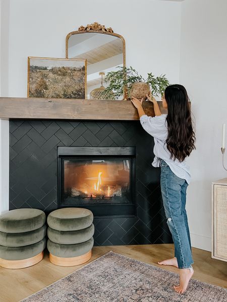 Modern Boho Mantle, Boho Modern Fireplace, Grey Herringbone Fireplace, Tiled Mantle Fireplace, Wrap Around Fireplace Makeover, Black Brick Tile Fireplace, Mid Century Fireplace Decor, Black Fireplace Backsplash, Herringbone Hearth Fireplace