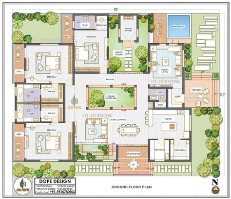 House Plan With Interior Courtyard, Internal Courtyard House Floor Plans, Riad Floor Plan Layout, Cluster Homes Design, Multigenerational Home Plans, Courtyard House Plans Indian, House Plans With Courtyard In The Middle, Central Courtyard House Plans, Moroccan House Plan