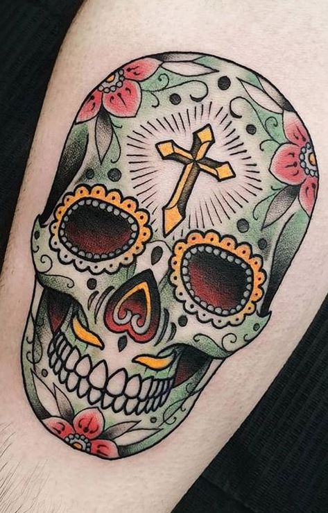 Tattoo idea Tattoo Crane, Mexican Skull Tattoos, Candy Skull Tattoo, Sugar Skull Tattoo, Tattoo Ideas Males, Catrina Tattoo, Skull Hand Tattoo, Mexican Art Tattoos, Skull Sleeve