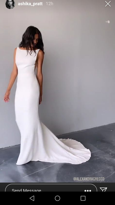 Clean Minimalist Wedding Dress, Plain Wedding Dress High Neck, Straight Sheath Wedding Dress, Classic Sleeved Wedding Dress, Open Back Wedding Dress High Neck, Minimal Classy Wedding Dress, Boat Neck Open Back Wedding Dress, Mackenzie Grimsley Wedding, High Neck Plain Wedding Dress