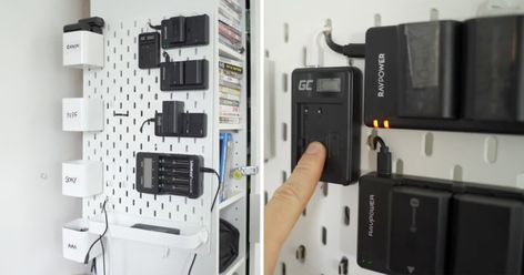 How to Build a Wall-Mounted Battery Charging Station on the Cheap | PetaPixel Wall Charging Station, Photography Gear Storage, Battery Charging Station, Photography Organizations, Camera Storage, Build A Wall, Diy Camera, Camera Batteries, Photo Equipment