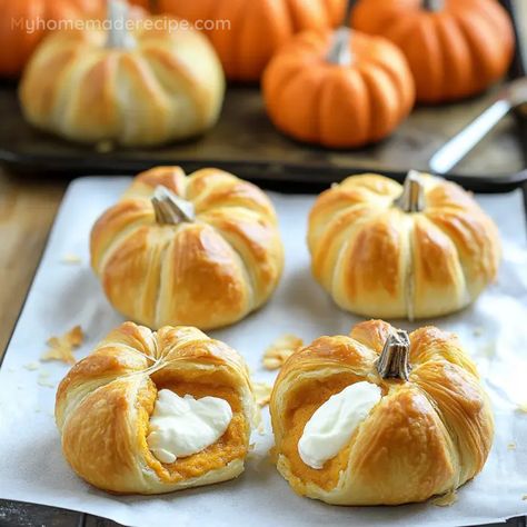 Crescent Pumpkins with Cream Cheese and Pumpkin Pie Filling Recipe - My Home Made Recipe Crescent Pumpkins With Cream Cheese, Home Made Pumpkin Pie Filling, Pumpkin Cheese Bread, Festive Fall Food, Pumpkin Cream Cheese Crescent Rolls, Pumpkin Cream Cheese Puff Pastry, Deserts Thanksgiving, Crescent Roll Pumpkin, Appetizer Recipes Halloween