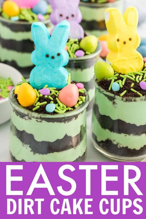 These adorable Easter Dirt Cake Cups are the perfect spring time treat. A festive bunny Peep tops layers of pudding, whipped cream, and crushed Oreos that no one will be able to resist! #Easter #dirtcake #dessert #peeps belleofthekitchen.com Best Easter Desserts, Dirt Cake Cups, Peeps Dessert, Pudding Whipped Cream, Easter Dirt Cake, Oreo Dirt Cake, Dirt Dessert, Peeps Recipes, Dirt Cake Recipes