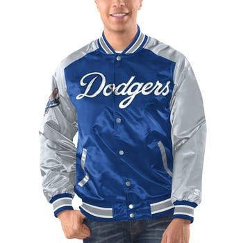 Elevate your style with this Los Angeles Dodgers Varsity jacket. A full wordmark is embroidered across the chest, while their logo is on the right sleeve and their cap design is on the back. This full-snap jacket features a design you've come to expect from Starter and will have you feeling like you're a member of the Los Angeles Dodgers, ready to take the diamond and dominate. Full Snap Officially licensed Machine wash with garment inside out, tumble dry low One interior slip pocket Brand: Star Hunter Green Jacket, Satin Jacket, Satin Jackets, Stylish Jackets, Los Angeles Dodgers, Cap Design, Jackets Online, Baby Clothes Shops, Outerwear Coats