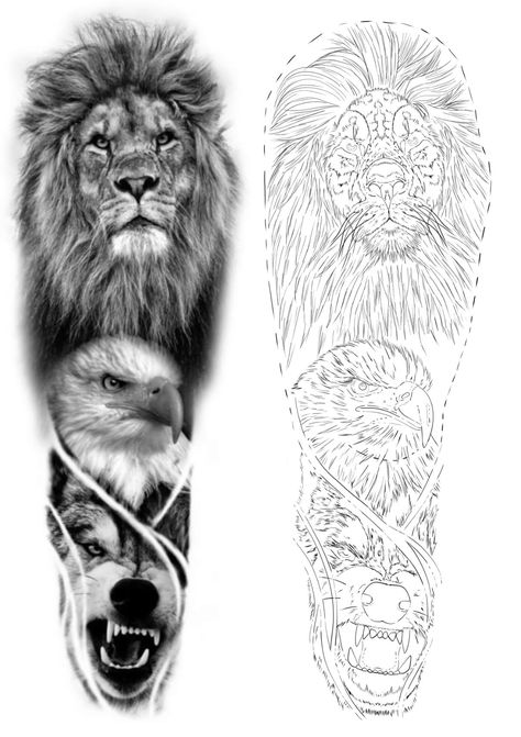 Lion And Eagle Tattoo Design, Wolf Eagle Tattoo Design, Eagle And Wolf Tattoo, Lion And Eagle Tattoo, Lion Tattoo Design Stencil, Lion And Wolf Tattoo, Wolf Lion Tattoo, Wolf And Lion Tattoo, Lion Wolf Tattoo