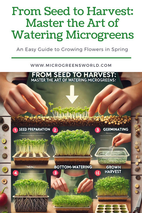 It highlights the steps involved, with a special focus on bottom-watering. The clean and modern design ensures clarity and attractiveness, perfect for guiding anyone through the process of growing healthy, vibrant microgreens. Diy Micro Greens, How To Grow Microgreens At Home, Micro Greens Growing Indoors, Microgreens Growing Indoor, Micro Greens Growing, Hydroponic Microgreens, Diy Microgreens, Green Magic Homes, Grow Sprouts