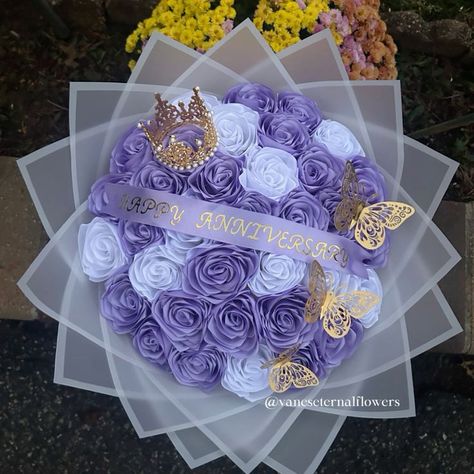 6 Flower Bouquet, Purple Quince Ramo, Purple And White Roses, Forever Flower Bouquets, Ribbon Rose Bouquets, Roses Bouquet Gift, Ribbon Flowers Bouquet, Flower Boquet, Purple Bouquets