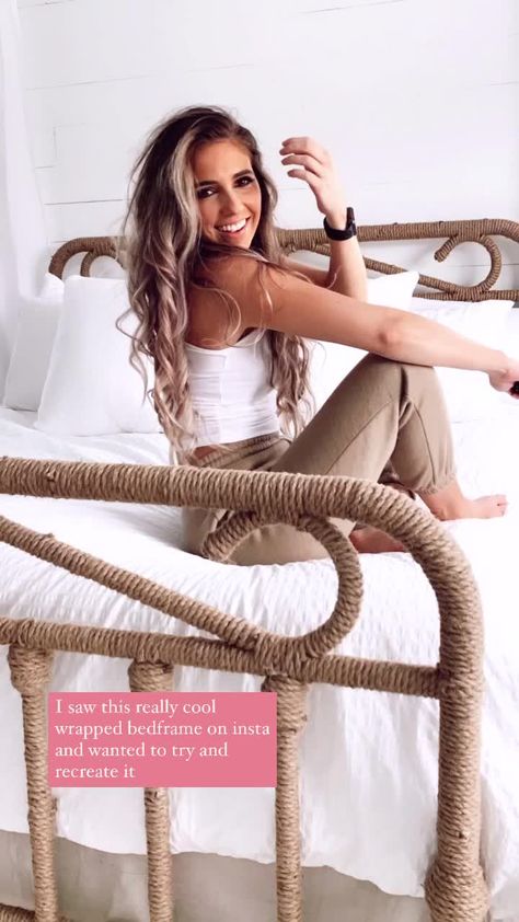 jaclyndorminy(@jaclyndorminy) on TikTok: DIY Jute Bedframe #foryou #foryourpage #diy #doityourselfchallenge_ #doityourself Rope Headboard Diy, Rope Headboard, Bedframe Diy, Headboard Diy, Diy Bed Frame, Jute Rope, Clothes Hanger, Bed Frame