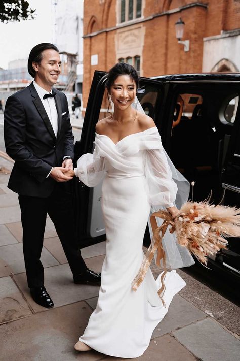 Groom in a black tux with a bow tie and Bride in simple off the shoulder wedding dress with chiffon puff sleeves | Lynn Shapiro Photography Dried Floral Bouquet, Eva Lendel, My Dream Wedding, Bow Wedding Dress, Unconventional Wedding, Surprise Wedding, Maid Of Honour Dresses, Classic Wedding Dress, Winter Wedding Dress