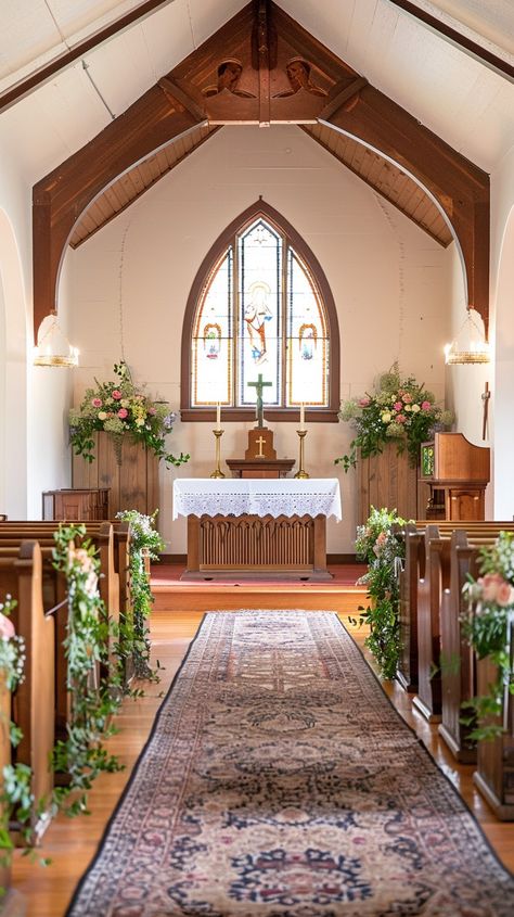 Download 'Decorated Church Interior' - The beautifully decorated church interior with stained glass windows, floral arrangements, and a central aisle leading to the altar. - Get this free stock photo and more high-quality images on StockCake. No attribution required. Church Wedding Alter Flowers, Southern Church Wedding, Small Chapel Wedding Decorations, Church Wedding Altar Decorations, Small Church Wedding Photos, Altar Arrangement Church, Chapel Decorations Wedding, Small Church Wedding Decorations, Church Ceremony Decorations