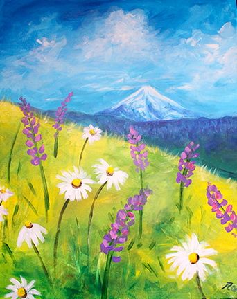 Easy wildflower field with mountain beginner painting idea. Flower Meadow Painting Easy, Beginner Painting Landscape, Flower Field Drawing Easy, Flower Field Painting Acrylic Easy, Field Of Flowers Painting Easy, Easy Spring Painting Ideas On Canvas, Painting Ideas Room Decor, Flower Field Painting Easy, Wildflower Painting Easy