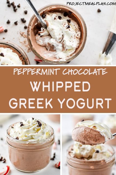 Peppermint Chocolate Whipped Greek Yogurt is a dark chocolate lover's dream - naturally sweetened with maple syrup, rich and chocolatey to hit those cravings, and packed with 7 grams of protein per serving from the Greek yogurt! #projectmealplan #greekyogurt #peppermintchocolate Whipped Greek Yogurt, Greek Yogurt Dessert, Cool Whip Desserts, Whipped Yogurt, Yogurt Dessert, Peppermint Chocolate, Greek Yogurt Recipes, Vanilla Greek Yogurt, Yogurt Bowl