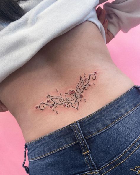 Y2k Tatooes, Y2k Tattoo Ideas Hello Kitty, Y2k Tatoos Ideas, Tatuajes Astetics, Torso Tattoos For Women, Rave Tattoo Ideas, Tattoo Y2k, Heart With Wings Tattoo, Small Girly Tattoos