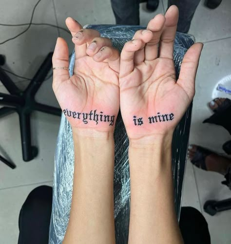 Your Throat Here Tattoo Hand, Manifest Hand Tattoo, Hand Tattoos For Women Words, Manifest Tattoo, Stencil Quotes, Hand Palm Tattoos, Dna Tattoo, Hard Tattoos, Earthy Tattoos