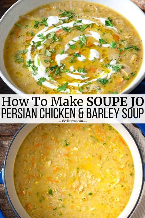 This chicken barley soup recipe with root vegetables is a traditional Persian soup that’s creamy, comforting, and nutritious. Pot Barley Soup, Chicken And Barley Soup, Chicken Barley Soup, Barley Recipe, Lemon Chicken Soup, Carrots Celery, Persian Cuisine, Low Carb Appetizers, Barley Soup