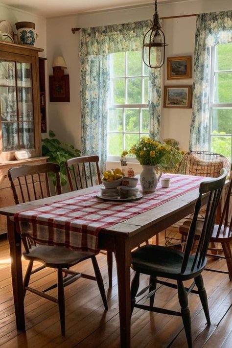 Country Cottage Living Cottagecore Dining Room, Country Cottage Living, Country Cottage Interiors, Round Table And Chairs, Plaid Curtains, Cottagecore Home, Wooden Table And Chairs, Rustic Wooden Table, Big Table