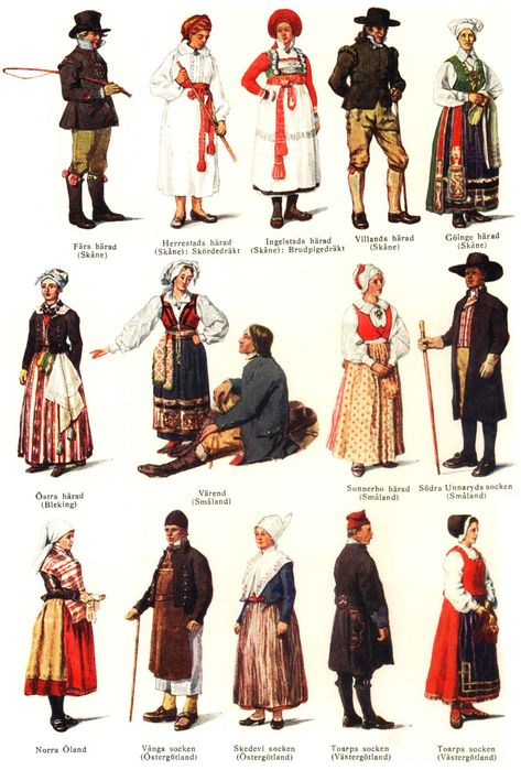 Swedish national costumes in each other of level of society and jobs Sweden Costume, Scandinavian Costume, Danish Culture, Costumes Around The World, Scandinavian Countries, Swedish Style, Paper Dolls Book, Scandinavian Folk Art, Folk Costume