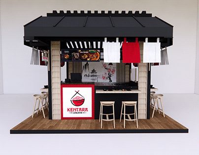 Japanese Food Kiosk Design, Japanese Small Shop, Ramen Kiosk Design, Ramen Booth Design, Japanese Stall Design, Ramen Stall Design, Japanese Booth Design, Japanese Kiosk, Japanese Food Stall