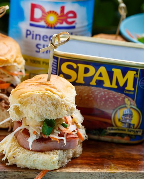 Hawaiian Spam Sliders with Tropical Slaw Spam Appetizers Hawaii, Spam Sliders, Spam Bites, Tropical Slaw, Hawaiian Slider Recipe, Spam Recipes Dinners, Weekend Therapy, Musubi Recipe, Hawaiian Sliders