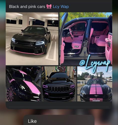 Black And Pink Car Exterior, Gray And Pink Charger Car, Black Car With Pink Interior, Car With Pink Accents, Luxury Brands Aesthetic Wallpaper, Pink Rims Black Car, Black Car With Pink Rims, Rt Charger, Nurse Goals