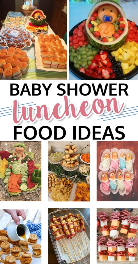 Gender Party Food Ideas, Shower Finger Food Ideas, Lunch Finger Foods, Gender Reveal Party Ideas Food, Easy Finger Foods For Gender Reveal, Sprinkle Food Ideas, Lunch Baby Shower Ideas, Baby Shower Appetizer Ideas, Baby Themed Food Ideas