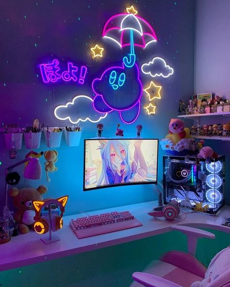 #gamergirlsetup #gamer #kawaii #animecore #cute #animeaesthetic #animecosplayer Reka Bentuk Bilik Tidur, Nice Room, Gamer Room Decor, Otaku Room, Video Game Room Design, Grunge Room, Anime Room, Gaming Room Setup, Cute Room Ideas