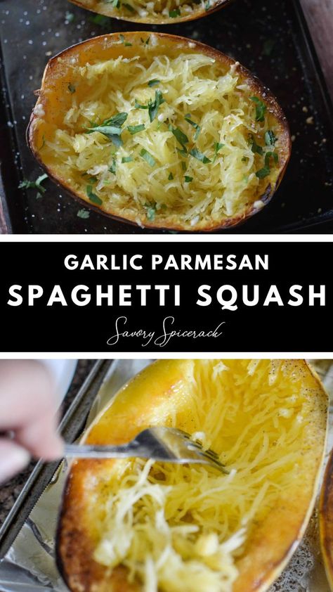 Garlic Parmesan Spaghetti Squash Garlic Parmesan Spaghetti, Garlic Parmesan Spaghetti Squash, Parmesan Spaghetti Squash, Parmesan Spaghetti, Budget Friendly Meals, Spaghetti Squash Recipes, Cheese Flavor, Squash Recipes, Garlic Parmesan