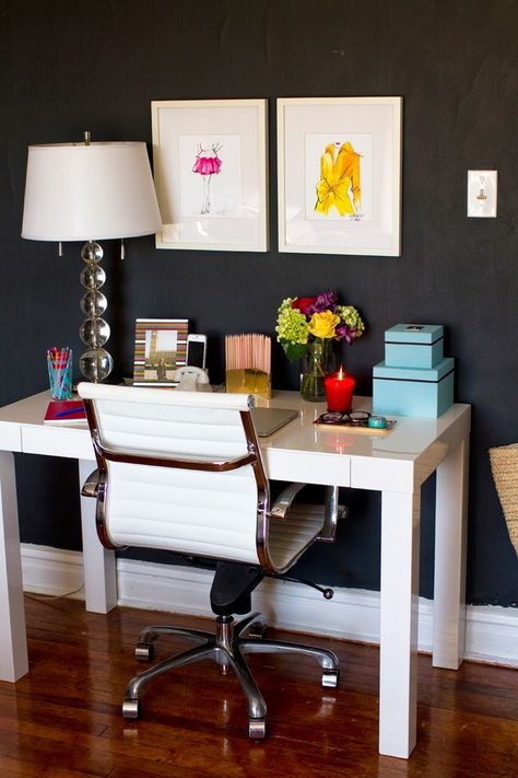 www.eyefordesignlfd.blogspot.com : 2014 Trend....Decorating Black Rooms With Bright colors Desk Styling Ideas, White Parsons Desk, Office White Desk, Home Office White Desk, Parsons Desk, Home Office White, Desk Styling, White Desk, Home Office Inspiration