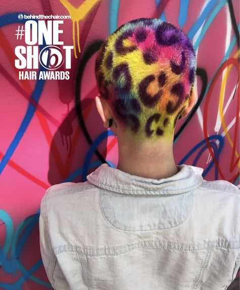 Lisa Frank Hair Color, Lisa Frank Hair, Colorful Buzzed Hair, Hair Art Buzzcut, Cheetah Buzzcut, Cheetah Print Buzzcut, Painted Buzzcut, Buzzcut Designs, Neon Green Buzzcut