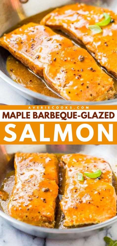 You're just 15 minutes away from this Maple Barbeque-Glazed Salmon! Smoky and sweet with a bit of heat, this easy, one-skillet salmon recipe is super flavorful. Put this on your Lent meal ideas! Bbq Salmon Recipes, Healthy Main Meals, Bbq Salmon, Grilled Salmon Recipes, Recipes With Few Ingredients, Easy Seafood, Glazed Salmon, Weeknight Dinner Recipe, Salmon Recipe