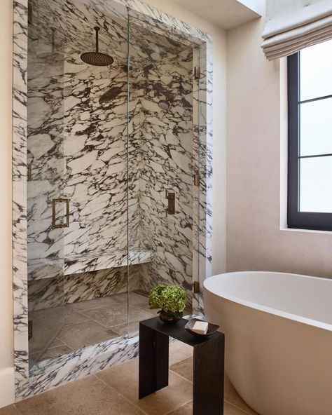 Calacatta Viola Bathroom, Bathroom Calacatta, Concrete Tub, Roman Clay, Shower Curb, Calcutta Marble, Bathroom Counter Decor, Calacatta Viola, Dark Tile