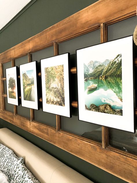 Framed Pics On Wall, Wall Photography Decor, Gallery Wall Of Landscapes, 10 Picture Frames On The Wall, Nature Photo Wall, Frames For Photography, Travel Picture Wall Ideas Photo Displays, Frameless Photo Wall, Photo Wall Collage Office