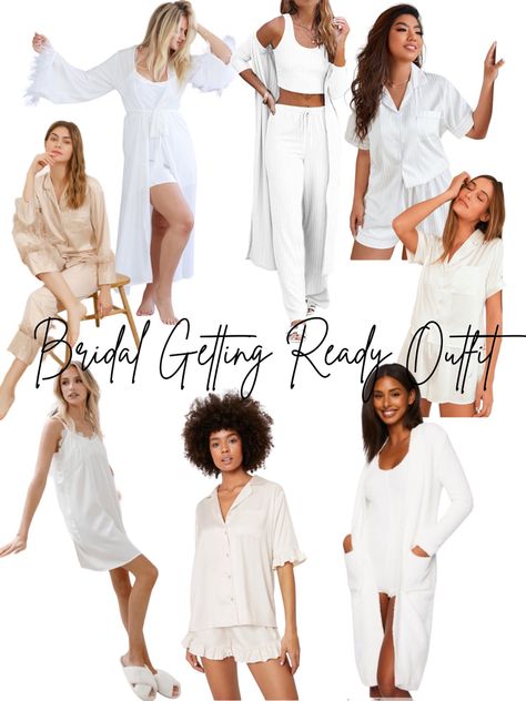 outfits for the bride, morning of wedding outfit, white bridal pajamas, white three piece loungewear, bride outfit, bride pajamas Morning Of Wedding Outfit, Bride Morning Of Wedding, Morning Of Wedding, Bride Morning, Bride Pajamas, Getting Ready Outfits, Pajamas White, Bridesmaid Get Ready Outfit, Ready Outfits