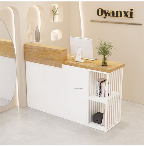 Small Reception Ideas Office, Mini Reception Desk Design, Small Reception Desk Design Modern, Reception Office Ideas, Reception Desks Ideas, Small Office Reception Desk, Medical Office Reception Desk, Small Reception Desk Design, Small Front Desk