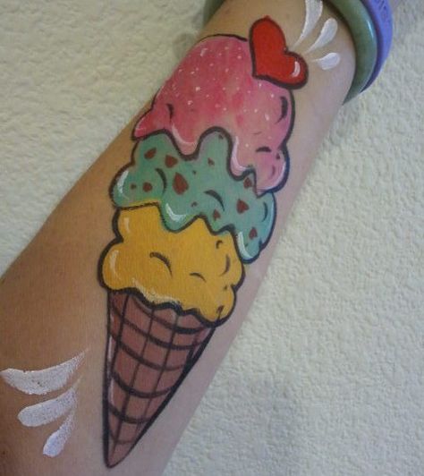 Ice cream cone Ice Cream Face Paint, Ice Cream Tattoo, Ice Cream Inspiration, Cream Tattoo, Ice Cream Design, Kawaii Faces, Face Paintings, Henna Party, Fresh Tattoo