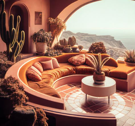 There are pink walls with curved arches and a huge arched window overlooking a canyon. The floors are also pink and tiled, and the conversation pit is a half-circle with orange cushions and pink pillows. There are several cactus plants and smaller cactus potted plants about the space. 60s Home Aesthetic, 70s Home Aesthetic, Desert Aesthetic Decor, Conversation Pit 70's, Game Outfits For Women, Table Decorations Fall, Conversation Couch, 70s Lounge, Front Porch Decor Fall